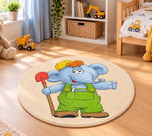 Baby Best Construction Site Children's Rug with Elephant Ø90cm made of 100% Polyamide, durable, easy-care & non-slip Multicolored