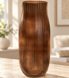 Decorative glass vase with fine ribbed texture – elegant flower vase for bouquets and branches, 25.5 × 11.5 cm in brown