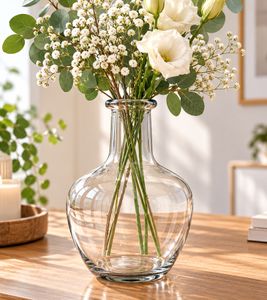 Timeless glass vase featuring a minimalist bottle design with a bulbous body and narrow neck – decorative vase, approx. 25.5 cm x Ø 14.5 cm, transparent