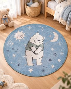 Disney Children's Rug with Winnie the Pooh, Sun, Moon & Stars Ø90cm Rug made of 100% Polyamide, durable, easy-care & non-slip Blue
