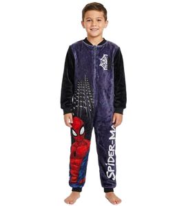 Marvel Spider-Man Kids' Jumpsuit with Large Spider-Man Motif – Black/Navy Teddy Fleece Onesie