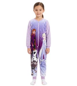 Disney Frozen Children's Jumpsuit/Onesie with Anna, Elsa, Olaf, and Sven Motif – Purple Teddy Fleece