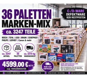 36 Paletten Marken-Mix ca. 3247 Teile Bosch Tefal LEGO Braun Scheppach Philips LEIFHEIT Canon & mehr C-/D-Ware Defektware B2B Restposten