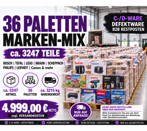 36 Palettes Mix de Marques env. 3247 Articles Bosch Tefal LEGO Braun Scheppach Philips LEIFHEIT Canon & plus Marchandise C/D Défectueuse Lot B2B