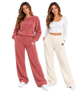 Cómodo pantalón de forro polar tipo borreguito para mujer LA GEAR – Pantalón suave y acogedor en caoba/rosa o beige