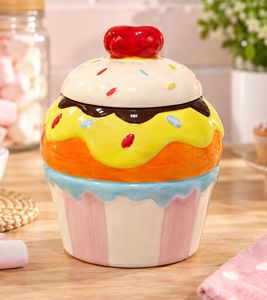 Recipiente de cerámica para dulces con diseño de cupcake y tapa (para dulces, galletas y repostería) Ø 20 x 13 cm **Producto de segunda categoría (B-Ware) – revisado** Multicolor