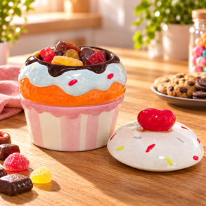 Recipiente de cerámica para dulces con diseño de cupcake y tapa (para dulces, galletas y repostería) Ø 20 x 13 cm **Producto de segunda categoría (B-Ware) – revisado** Multicolor