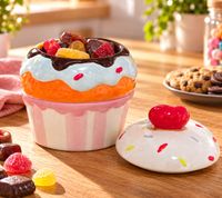 Muffin Vorratsdose aus Keramik mit Deckel – Dekorative Aufbewahrungsdosen im Cupcake-Design für Süßigkeiten, Kekse & Gebäck – Ø 20 x 13 cm **B-Ware – geprüft** Bunt