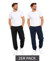 Pack de 2 pantalones de chándal para hombre FRUIT OF THE LOOM: bolsillos laterales, cintura elástica con cordón ajustable. Disponibles en combinaciones negro/gris o negro/azul oscuro.
