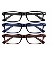 Lot de 3 lunettes de lecture (prêtes à porter) – Correction +2,00 dioptries – **Produit de second choix (B-Ware) – contrôlé** – Couleurs : noir / bleu foncé / marron