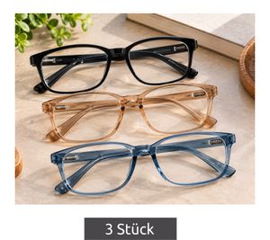 3 Stück Fertig-Lesebrillen mit einer Sehstärke von +1,50 Dioptrien Sehhilfen **B-Ware – geprüft** Schwarz/Transparent-Beige/Transparent-Blau
