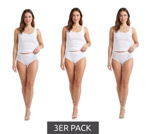 3-Pack Women’s Briefs (with and without lace) – Comfortable cotton briefs for women, featuring an elastic waistband and soft leg openings (style 7661900) in white.