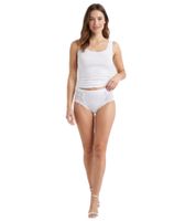 3-Pack Women’s Briefs (with and without lace) – Comfortable cotton briefs for women, featuring an elastic waistband and soft leg openings (style 7661900) in white.