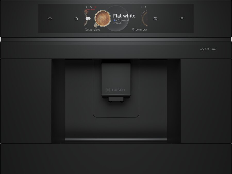 Mattschwarzer Bosch Einbau-Kaffeevollautomat, das Display zeigt Flat white.