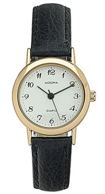 Adora | Analoge Damenuhr Edelstahl golden Lederband schwarz 35611