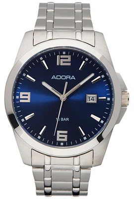 Adora | Herren Armbanduhr Edelstahl silbern Datum Ziffernblatt blau