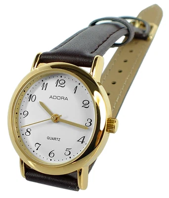 Adora | Analoge Damenuhr Edelstahl gelbgoldfarben Lederband braun