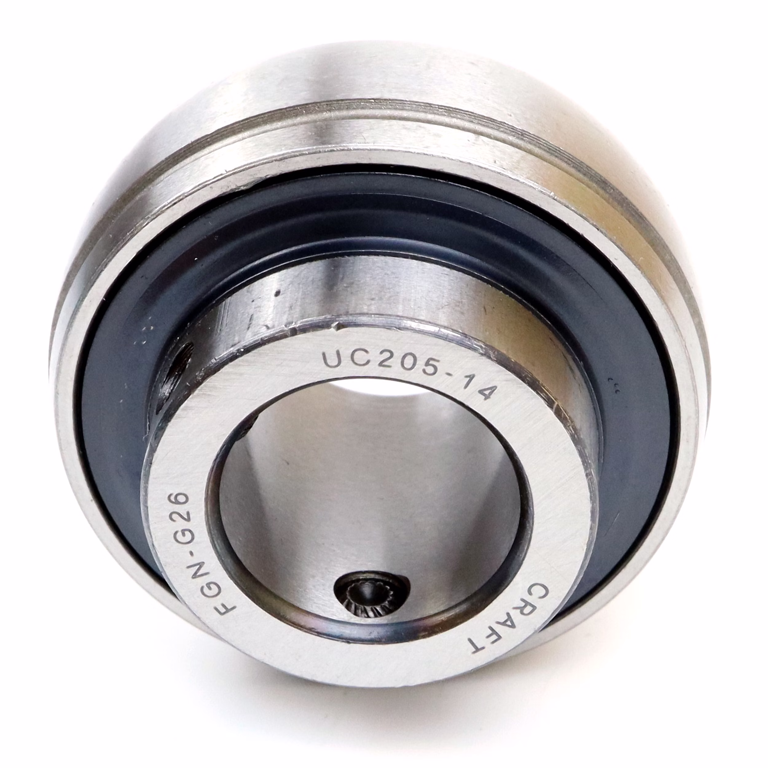 Radial insert ball bearing UC205-14 22,225x52x34,1mm PP200006 The bearing set with widened inner ring and grub screws is ideal for mounting on a shaft in a housing bearing and can withstand high loads.