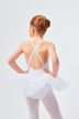 Ein junges Mädchen in einem weißen Ballett-Tutu posiert mit den Händen in den Hüften und blickt von der Kamera weg. 2