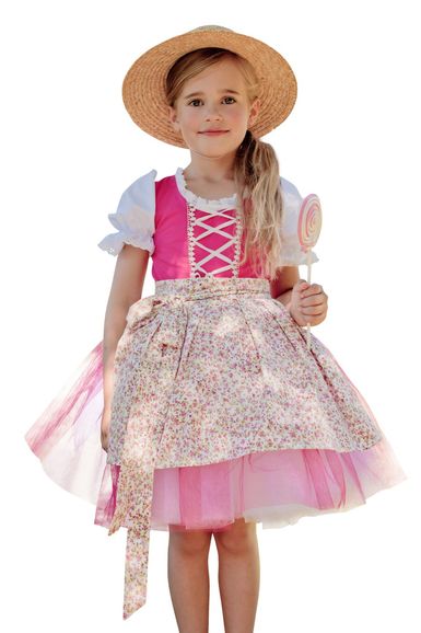 Junges Mädchen in einem rosafarbenen Kleid mit Blumenmuster und Strohhut
