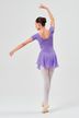 Balletttänzerin in einem lila Ballett Trikot und Rock posiert auf Spitze. 4