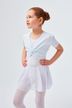 Ein junges Mädchen in einem weißen Ballett-Outfit und Strumpfhosen steht mit den Händen in den Hüften und blickt zur Seite. 1