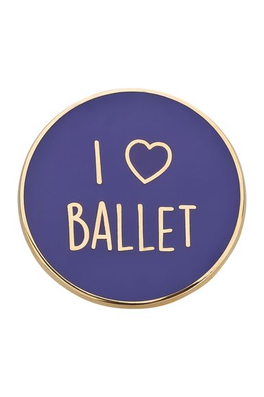 Runde lila Anstecknadel mit Goldrand und dem Text I ‚ô• BALLET in goldenen Buchstaben.