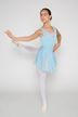 Eine junge Balletttänzerin in einem hellblauen Ballett Trikot führt eine Arabeskenpose aus. 2