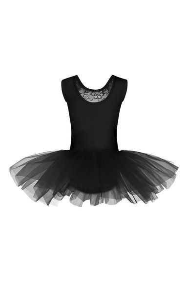 Schwarzer Ballettanzug mit Tüll-Tutu-Rock auf weißem Hintergrund.