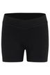 Schwarze hoch taillierte Sportshorts mit überkreuztem Bund auf schlichtem weißem Hintergrund. 3