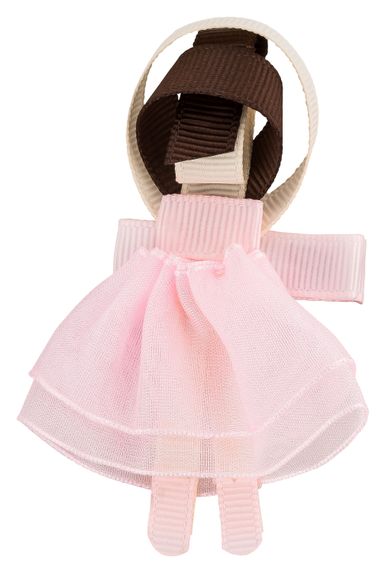 Eine Haarspange im Stil einer Puppe in einem rosa Kleid mit braunen und cremefarbenen Schleifendetails.