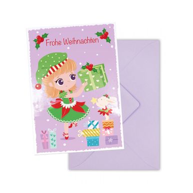 Illustrierte Weihnachtskarte mit einem Mädchen in einem Elfenkostüm