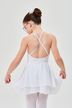 Mädchen in weißem Ballettkleid und Strumpfhose steht mit dem Rücken zur Kamera und hält den Rock ihres Kleides. 2