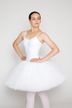 Eine Balletttänzerin in einem weißen Tutu und Trikot steht mit den Händen in den Hüften.