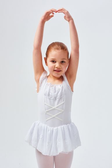 Straps ballet leotard "Mali" with chiffon skirt, white