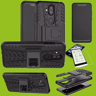 Für Nokia 3.1 Plus 6.0 Zoll Hybrid Case 2teilig Schwarz + Hartglas Tasche Hülle Cover Hülle Neu