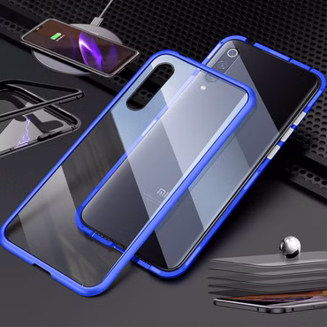 Für Xiaomi Redmi Note 8 Pro Magnet / Metall / Glas Tasche Case Blau / Transparent + 0,26 mm H9 Hart Glas