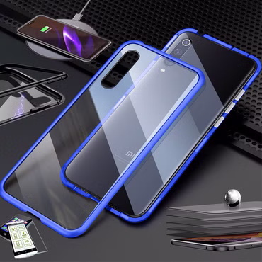 Für Xiaomi Redmi Note 8 Pro Magnet / Metall / Glas Tasche Case Blau / Transparent + 0,26 mm H9 Hart Glas
