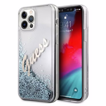 Guess Apple iPhone 12 / 12 Pro Blau Glitter Vintage Script Glitzer Hard Case Cover Schutzhülle Etui