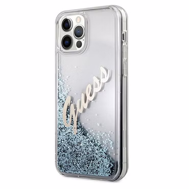 Guess Apple iPhone 12 / 12 Pro Blau Glitter Vintage Script Glitzer Hard Case Cover Schutzhülle Etui