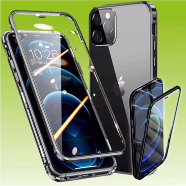 Für Apple iPhone 13 Pro Max Beidseitiger 360 Grad Magnet / Glas Case Hülle Handy Tasche Bumper Schwarz