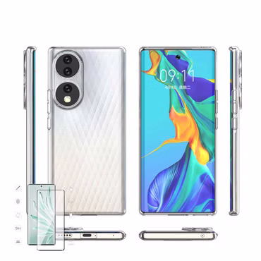 Für Honor 70 Silikoncase TPU Transparent + 4D Curved H9 Glas Handy Tasche Hülle Schutz Cover