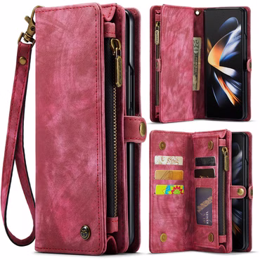 Für Samsung Galaxy Z Fold4 5G CaseMe Handy Tasche Kunstleder Hülle Etuis Rot + Reißverschluss