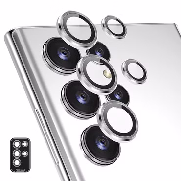 Für Samsung Galaxy S23 Ultra Aluminium Ring Kamera + H9 Tempered Hart Glas Film Silber