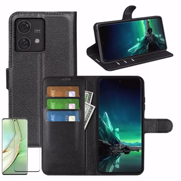Für Motorola Edge 40 Neo Book Wallet Tasche Schwarz + Curved Hart Glas