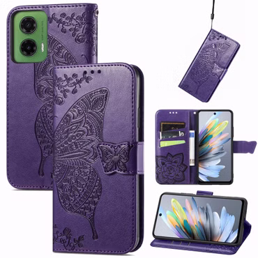 Für Motorola Moto G35 Kunstleder Schmetterling Book Tasche Hülle Lila