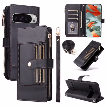 Für Google Pixel 10 Pro XL Crossbody Leder RFID Schutz Tasche Schwarz