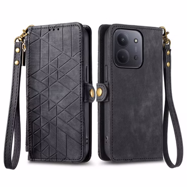 Für Xiaomi Redmi 15C 5G 4G Kunstleder Design Zipper Book Hülle Schwarz