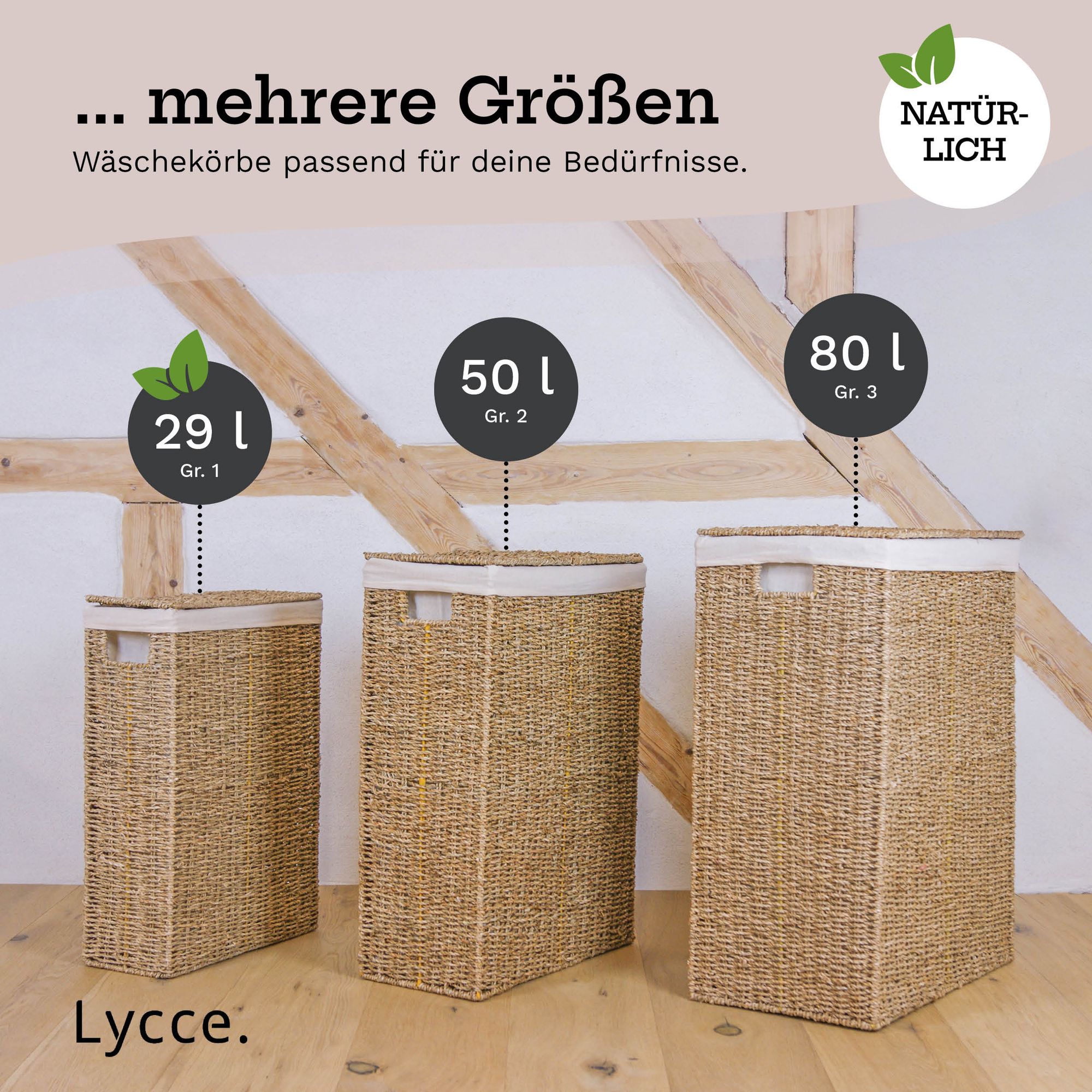 Lycce Wäschekorb mit Deckel Nischenwäschekorb Seegras Wäschekorb schmal für wenig Platz - großer Stauraum natur