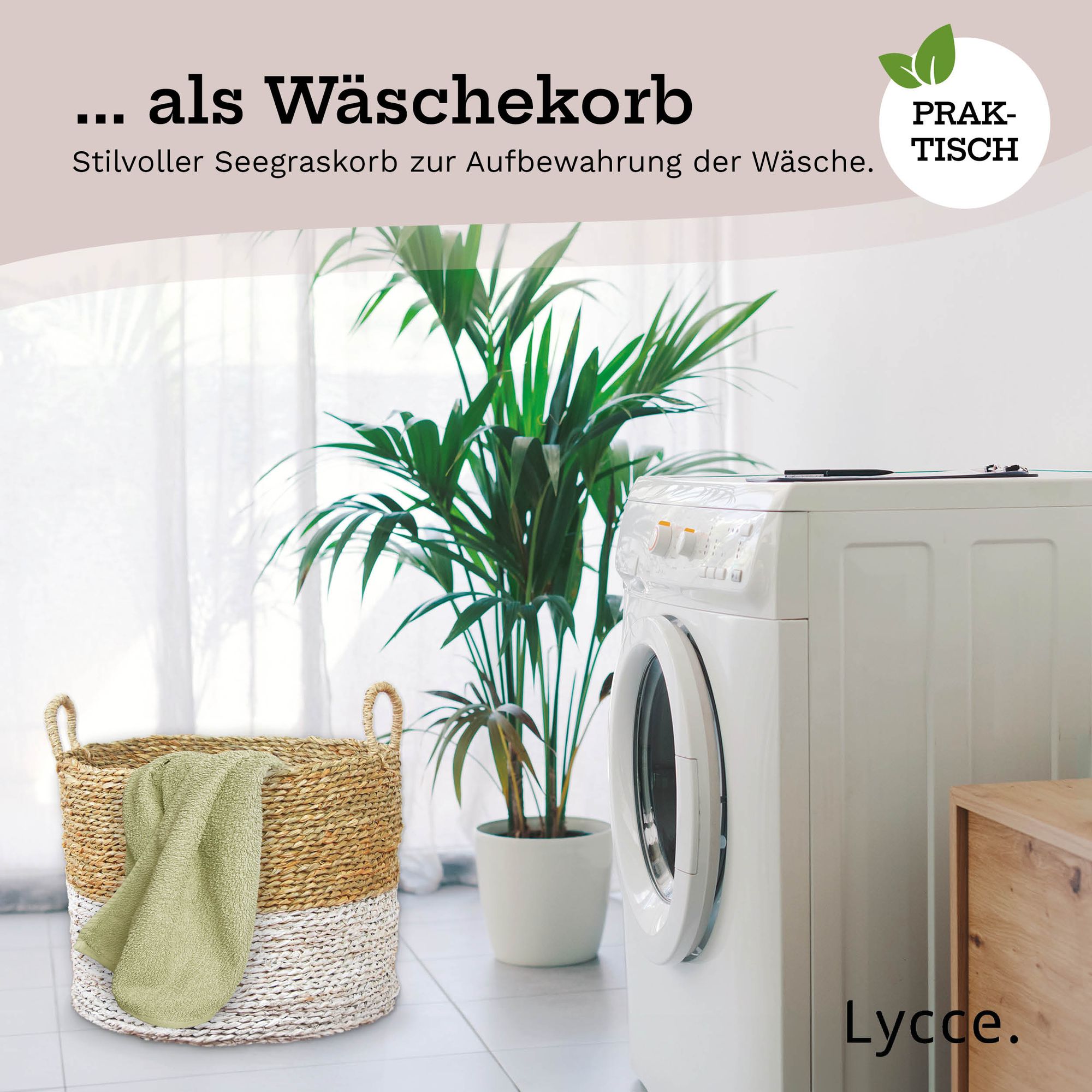 Lycce Wäschekorb mit Henkel | Korb geflochten aus Seegras | vielseitig einsetzbar als Wäschesammler, Aufbewahrungskorb für Spielzeug, Korb für Geschenke, Badezimmer Organizer uvm. | beige & weiß